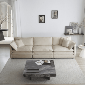 Mid-Century Modern Couch 3-Seater Sofa With 2 Armrest Pillows And 3 Toss Pillows, Couch For Living Room Beige Chenille (Color: Beige)