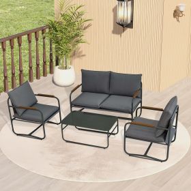 4-Piece Outdoor Patio Furniture Sets, Patio Conversation Set with Removable Seating Cushion, Courtyard Patio Set for Home, Yard, Poolside (Grey) (Color: Dark Grey)