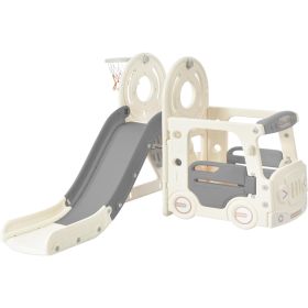 Kids Slide with Bus Play Structure, Freestanding Bus Toy with Slide for Toddlers; Bus Slide Set with Basketball Hoop (Color: Gray)