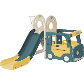 Kids Slide with Bus Play Structure, Freestanding Bus Toy with Slide for Toddlers; Bus Slide Set with Basketball Hoop (Color: Yellow)