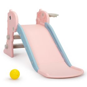 3 in 1 Freestanding Toddler Slide;  Indoor Outdoor Playground with Basketball Hoop and Ball for Kids Under 3 Years (Color: Pink)