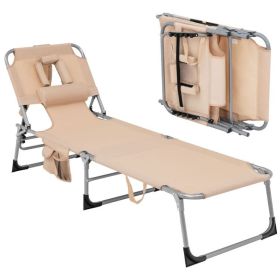 Folding Beach Lounge Chair with Pillow for Outdoor (Color: Beige)