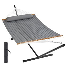 VEVOR Two Person Hammock with Stand Included Heavy Duty 480lb Capacity, Double Hammock with 12 FT Steel Stand and Portable Carrying Bag and Pillow (Color: Gray, Type of Support: T Type)